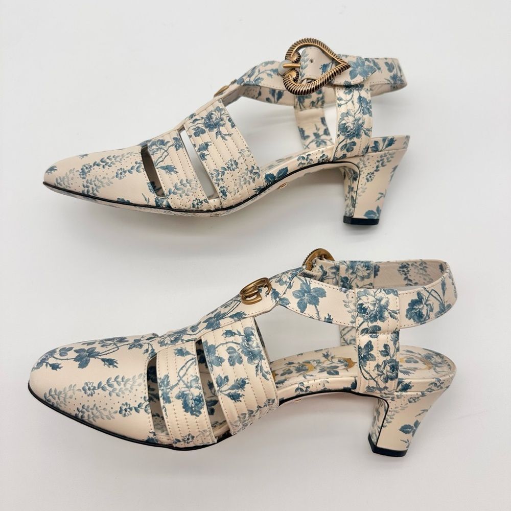 Gucci Gea GG Mid Heel Buds/Floral Blue Leather T-Strap  Sandal Pump EU37.5 US7.5 - Picture 10 of 13